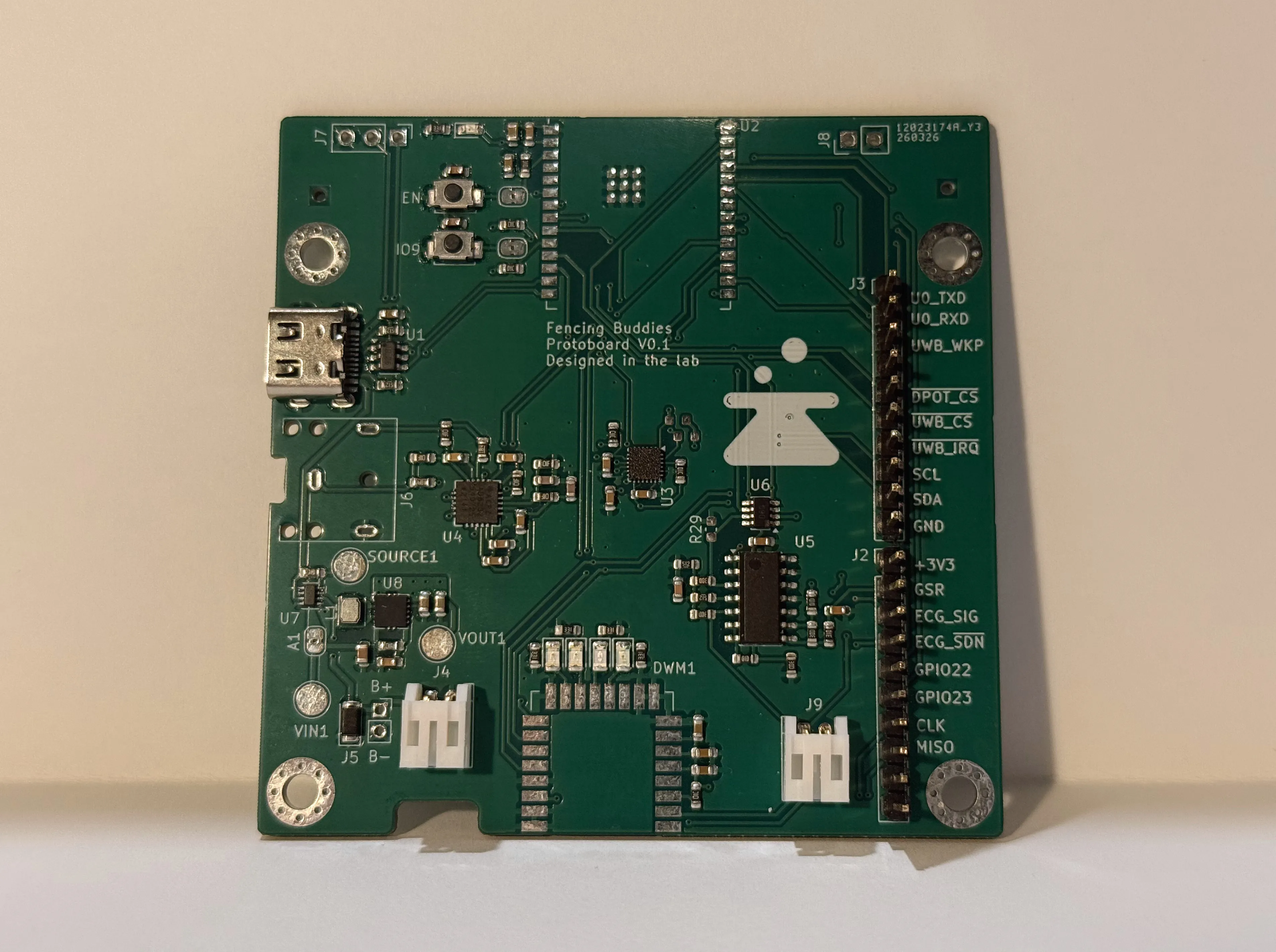 Image of a mostly assembled PCB. There is a longhorn design lab flask on the silkscreen along with the text Fencing Buddy Protoboard v0.1