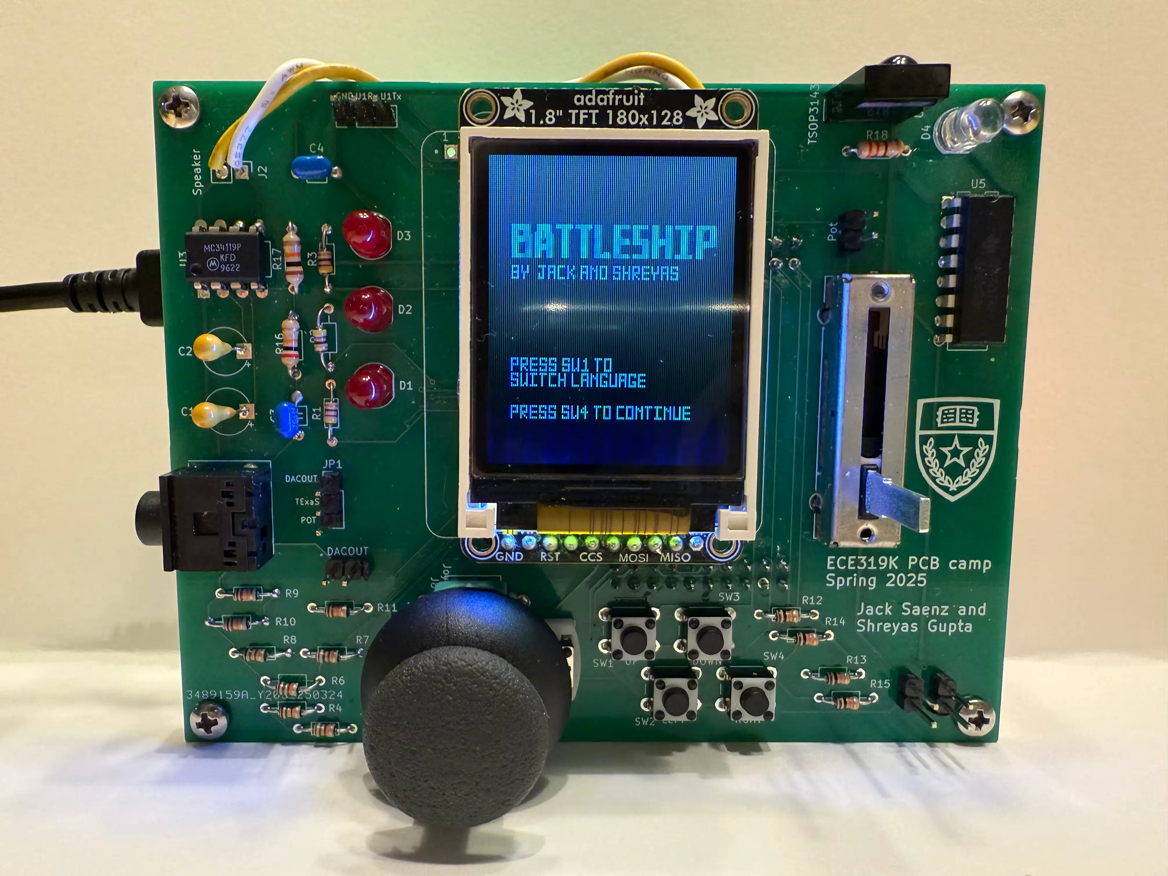 Battleship Project PCB, showing the screen controls and components.